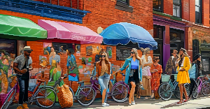 A vibrant New York City street scene featuring a colorful mural and fashionably dressed individuals inspired by the artwork.