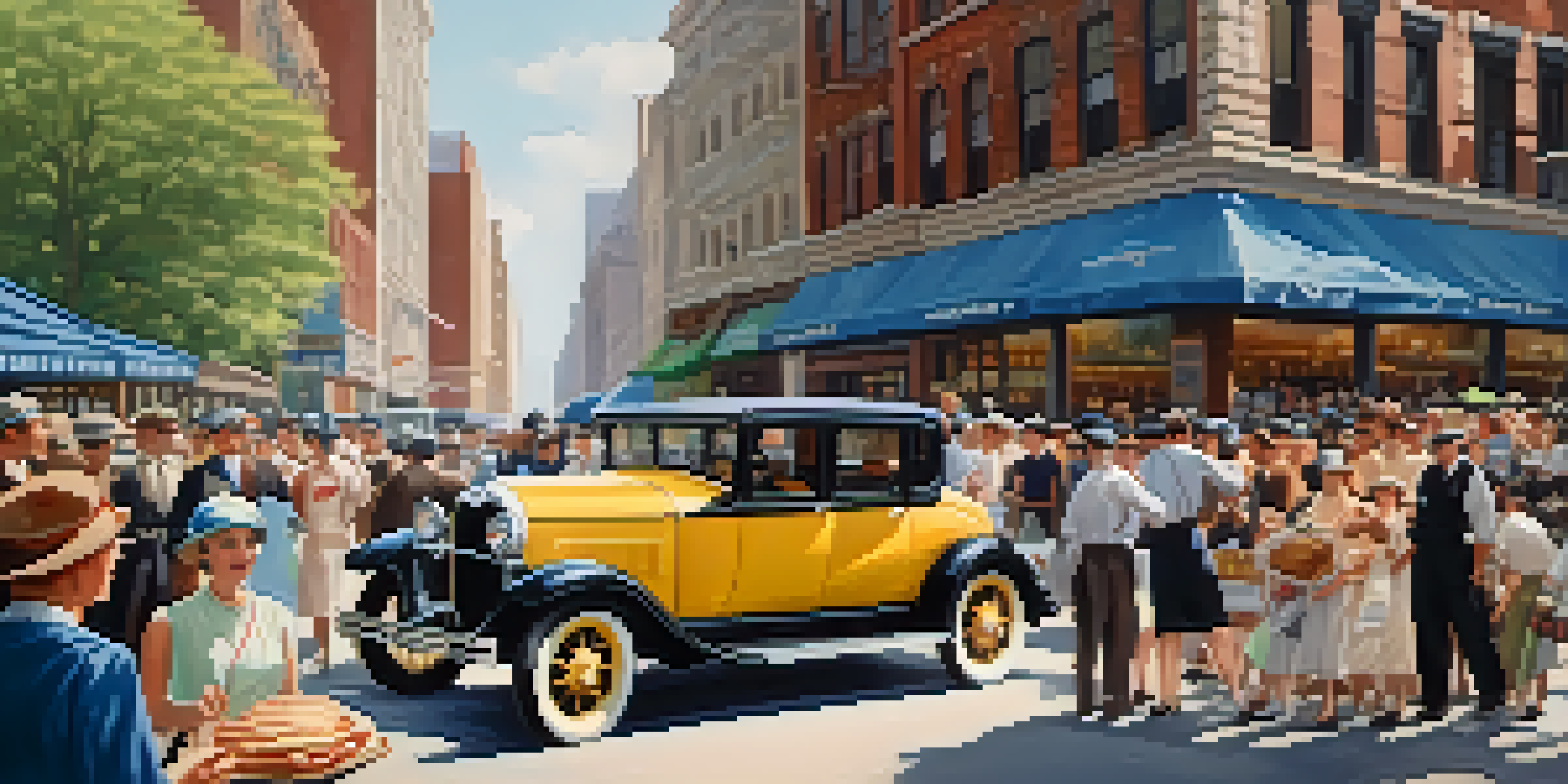 A busy New York City street scene from the 1920s, showcasing baseball fans in vintage clothing and a lively urban environment.