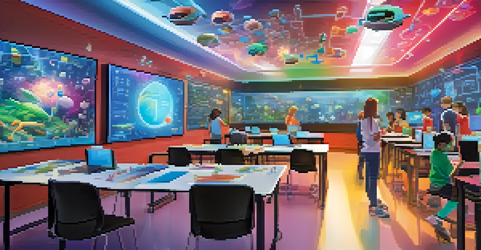 A modern classroom with students using virtual reality for immersive learning, surrounded by vibrant educational visuals.