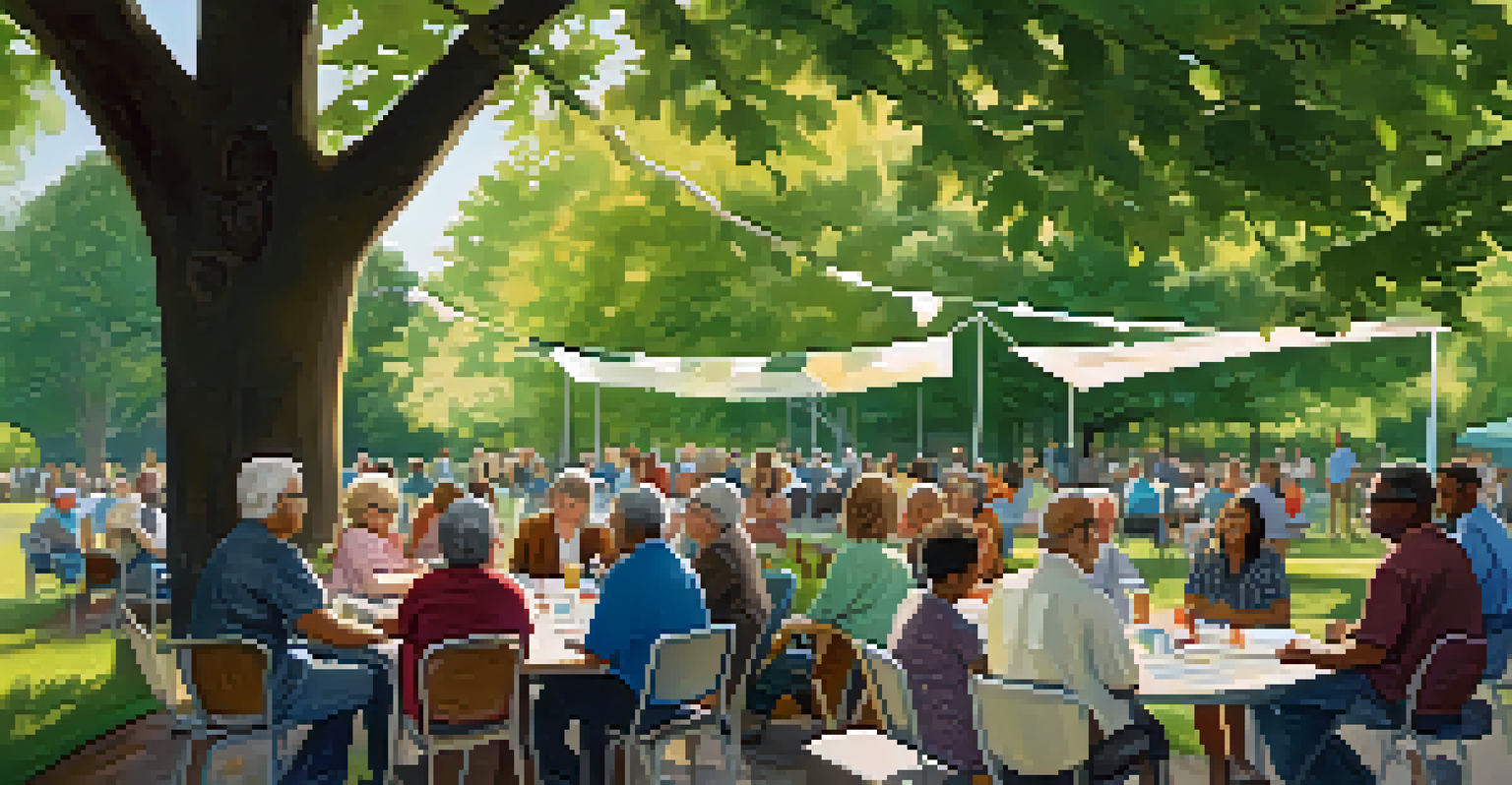 Residents engaging in a community meeting in a park, discussing zoning laws with banners and a diverse group of people under soft natural light.