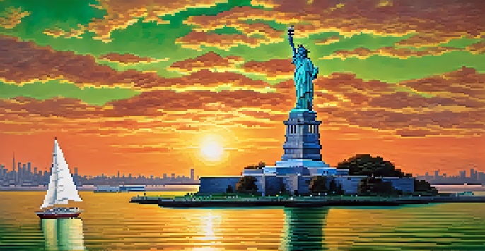 A panoramic view of the Statue of Liberty during sunset, with tourists in the foreground and the New York skyline in the background.