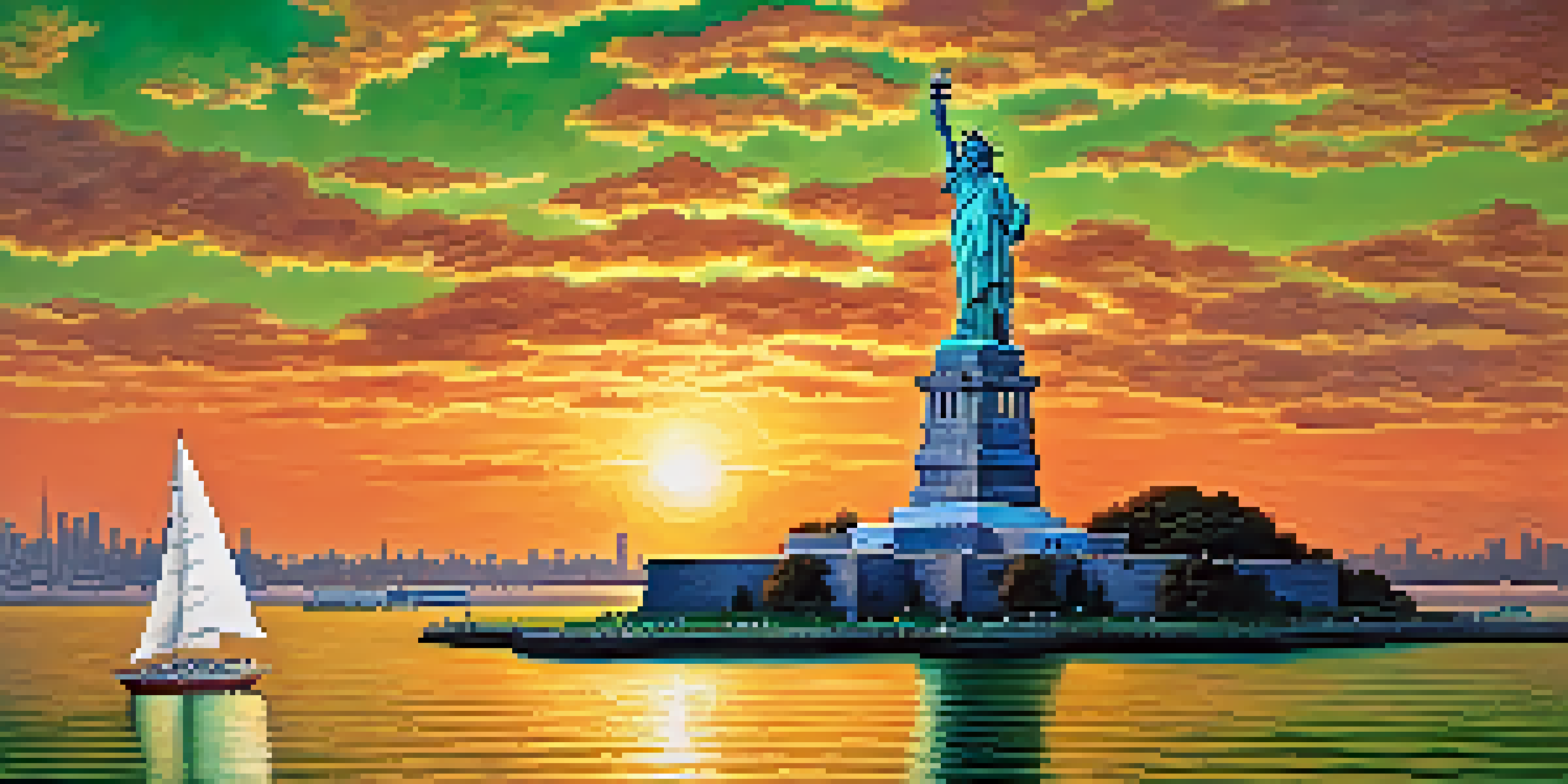 A panoramic view of the Statue of Liberty during sunset, with tourists in the foreground and the New York skyline in the background.