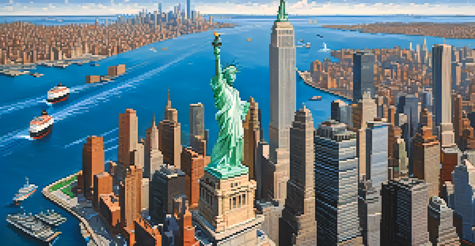 An aerial view of a ferry in New York Harbor with the Manhattan skyline and Statue of Liberty in the background.