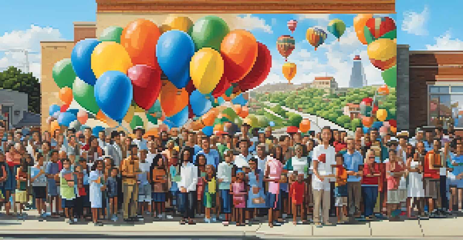 A diverse group of people celebrating around a newly unveiled mural, with balloons and refreshments.