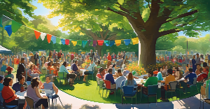 A community meeting in a park with diverse residents discussing sustainability, surrounded by greenery and colorful banners.