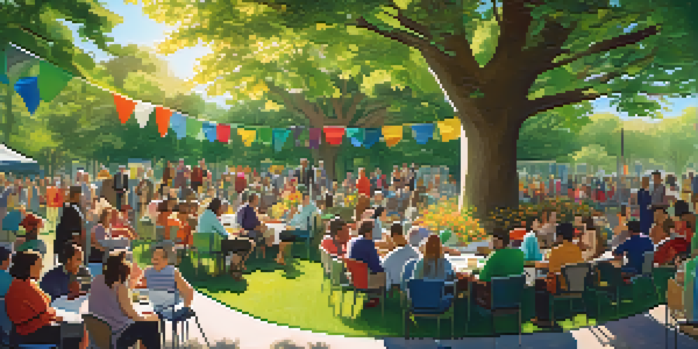 A community meeting in a park with diverse residents discussing sustainability, surrounded by greenery and colorful banners.