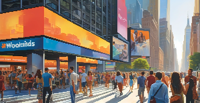A lively New York City street filled with people using technology, surrounded by skyscrapers and colorful advertisements, illuminated by the warm glow of the sunset.