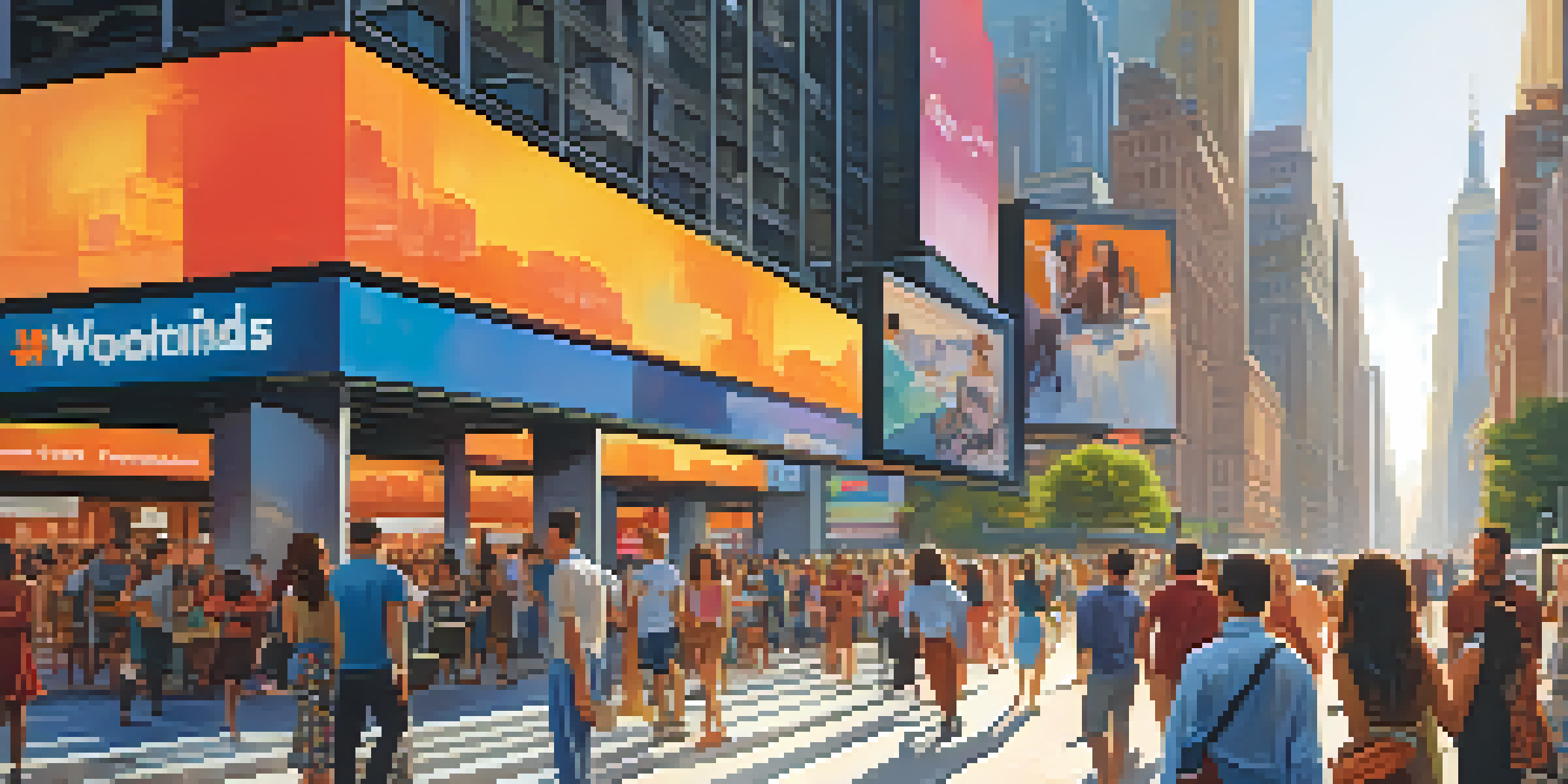 A lively New York City street filled with people using technology, surrounded by skyscrapers and colorful advertisements, illuminated by the warm glow of the sunset.