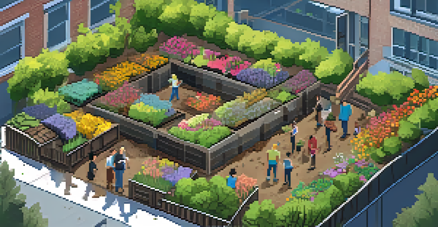 A community composting site in NYC with residents engaged in composting activities surrounded by flowers and greenery.