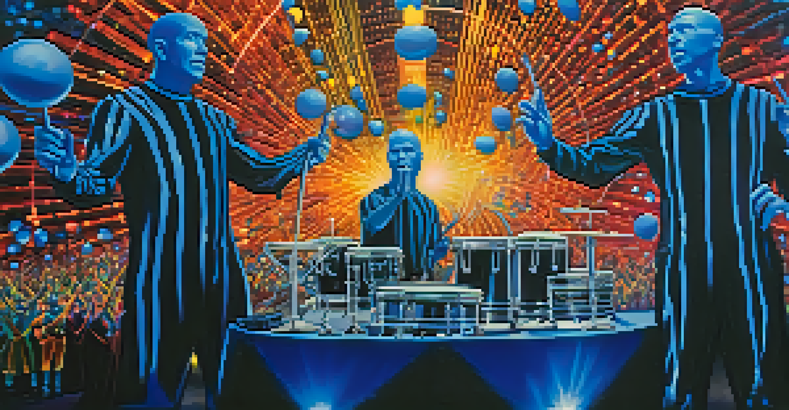 Blue-painted performers from 'Blue Man Group' engaging with the audience, surrounded by colorful lights and multimedia displays.