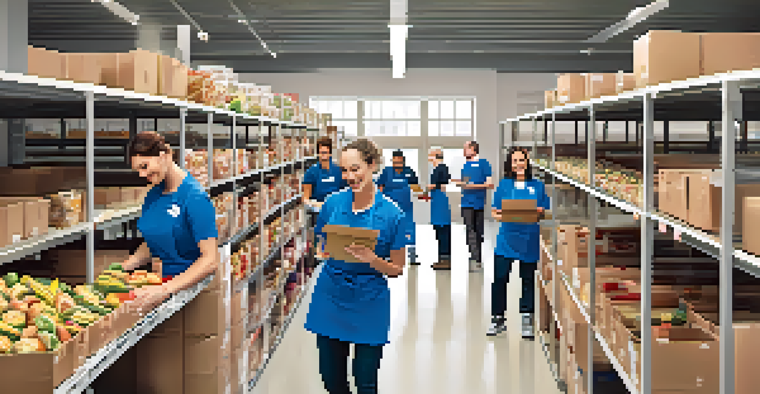 A team of corporate volunteers working at a food bank, sorting and packing food items into boxes, showcasing teamwork and community service.