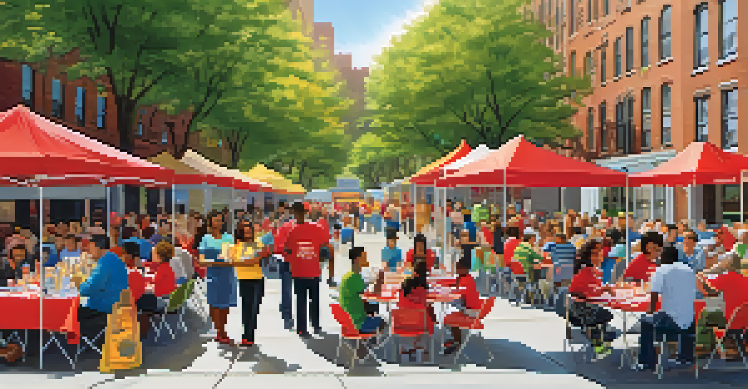 A community event in NYC with residents participating in a preparedness workshop, surrounded by tables and volunteers, with city architecture in the background.