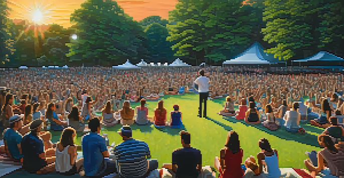A summer concert at Central Park with a diverse audience, picnic blankets, and colorful lights illuminating the performers.