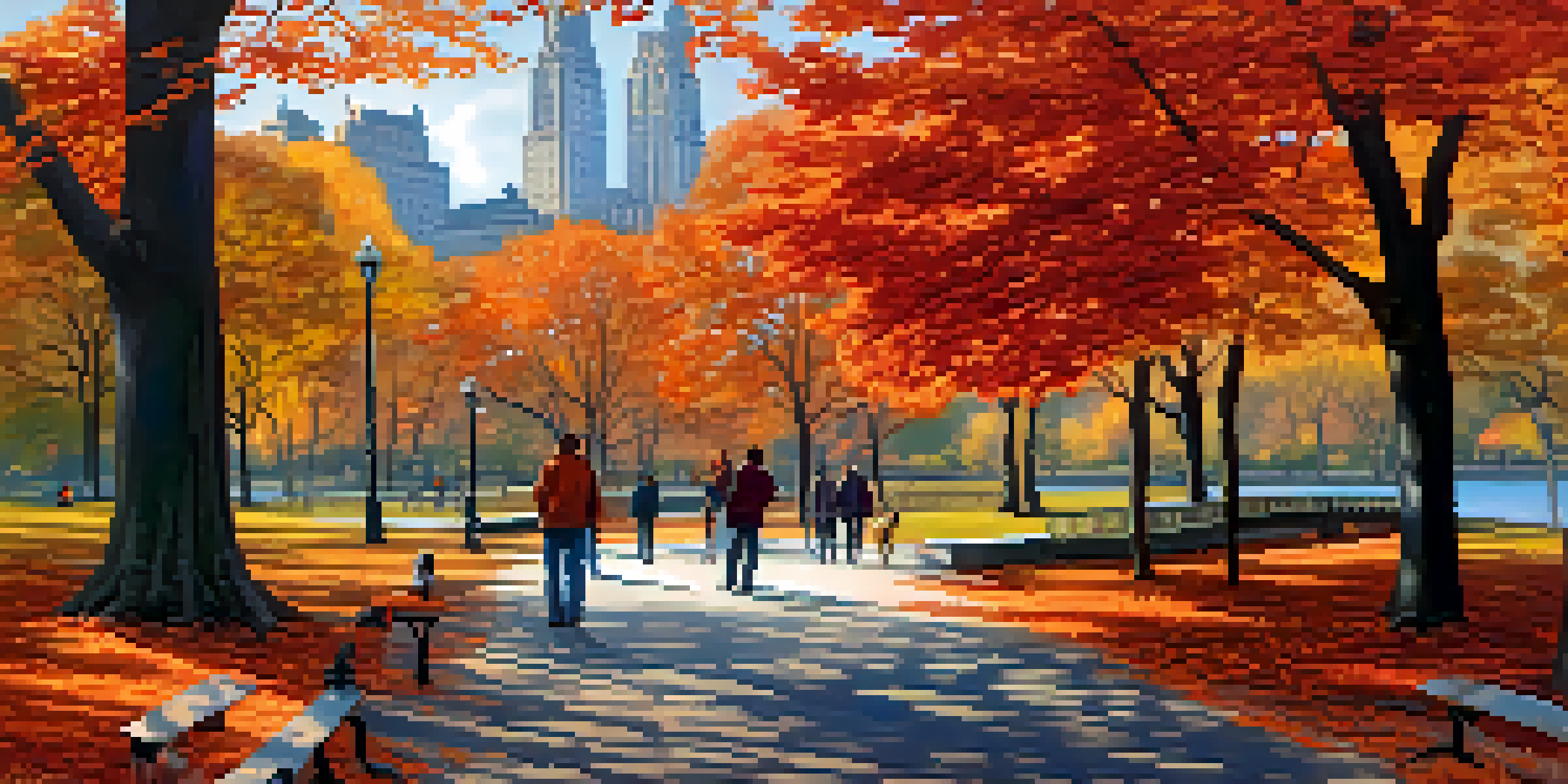 A tranquil autumn scene in Central Park with colorful trees, a winding path, and a lake reflecting the sky.