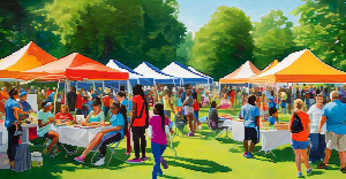 A lively community health fair in a sunny park, featuring colorful booths, families engaging in fitness activities, and people of diverse backgrounds enjoying the event.