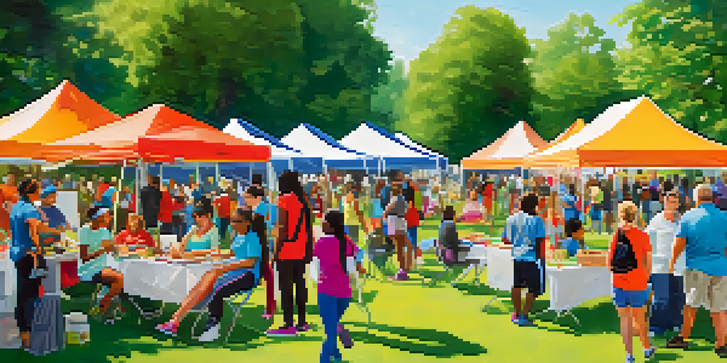 A lively community health fair in a sunny park, featuring colorful booths, families engaging in fitness activities, and people of diverse backgrounds enjoying the event.