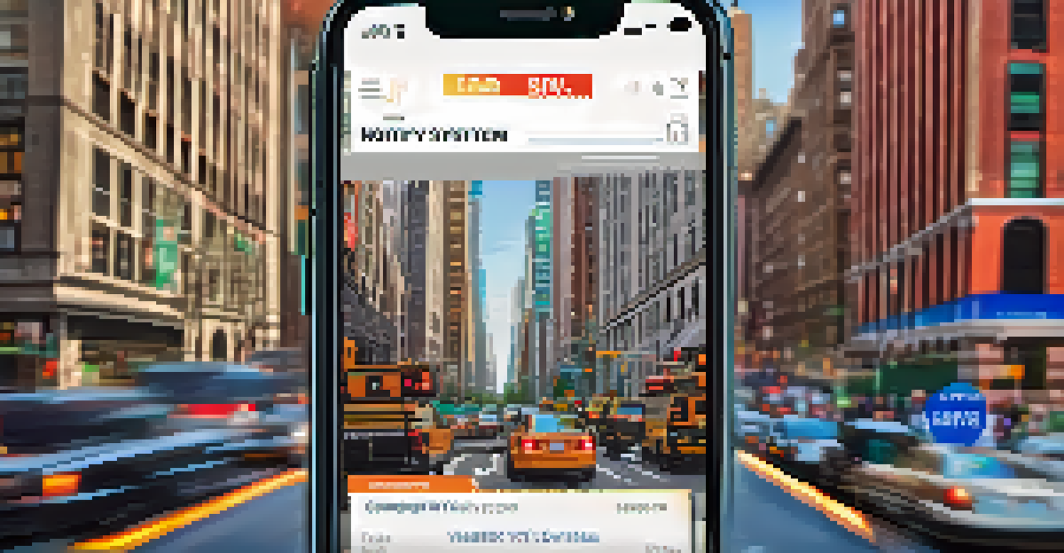 A smartphone displaying the Notify NYC alert system with emergency notifications against a blurred NYC cityscape background.