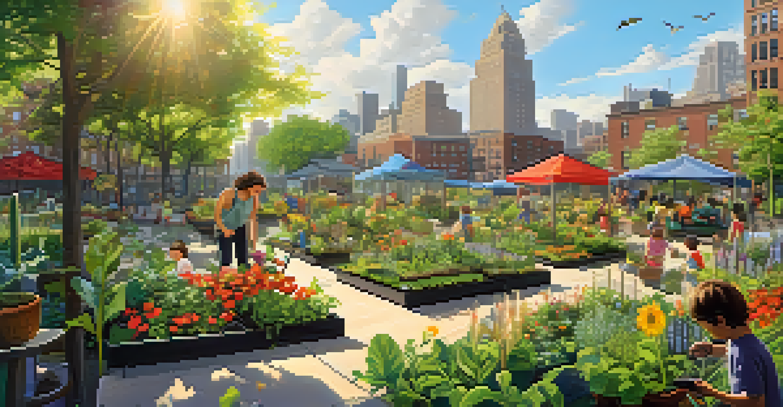 A community garden in New York City with children planting seeds and a Red-tailed Hawk flying above.