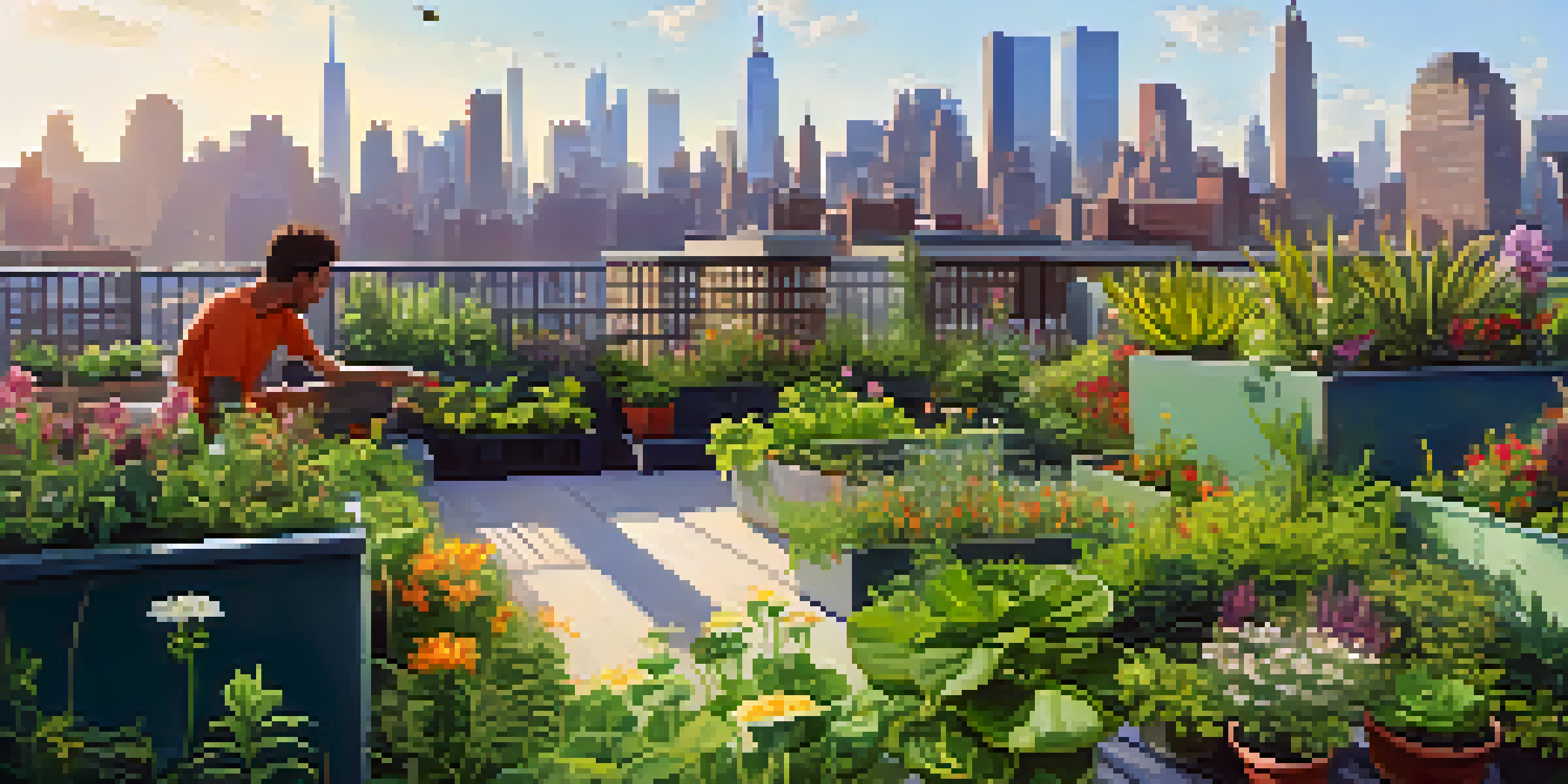 A lush green rooftop garden in NYC with diverse plants, flowers, and people enjoying the space against a city skyline.
