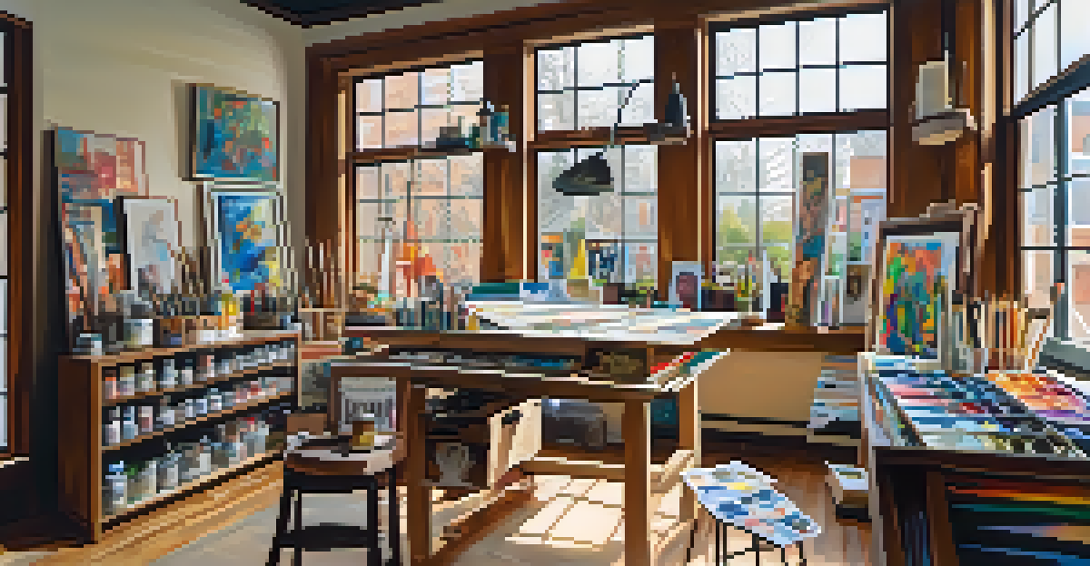 An artist's studio with colorful canvases and art supplies, illuminated by natural light, displaying a mix of contemporary and traditional art.