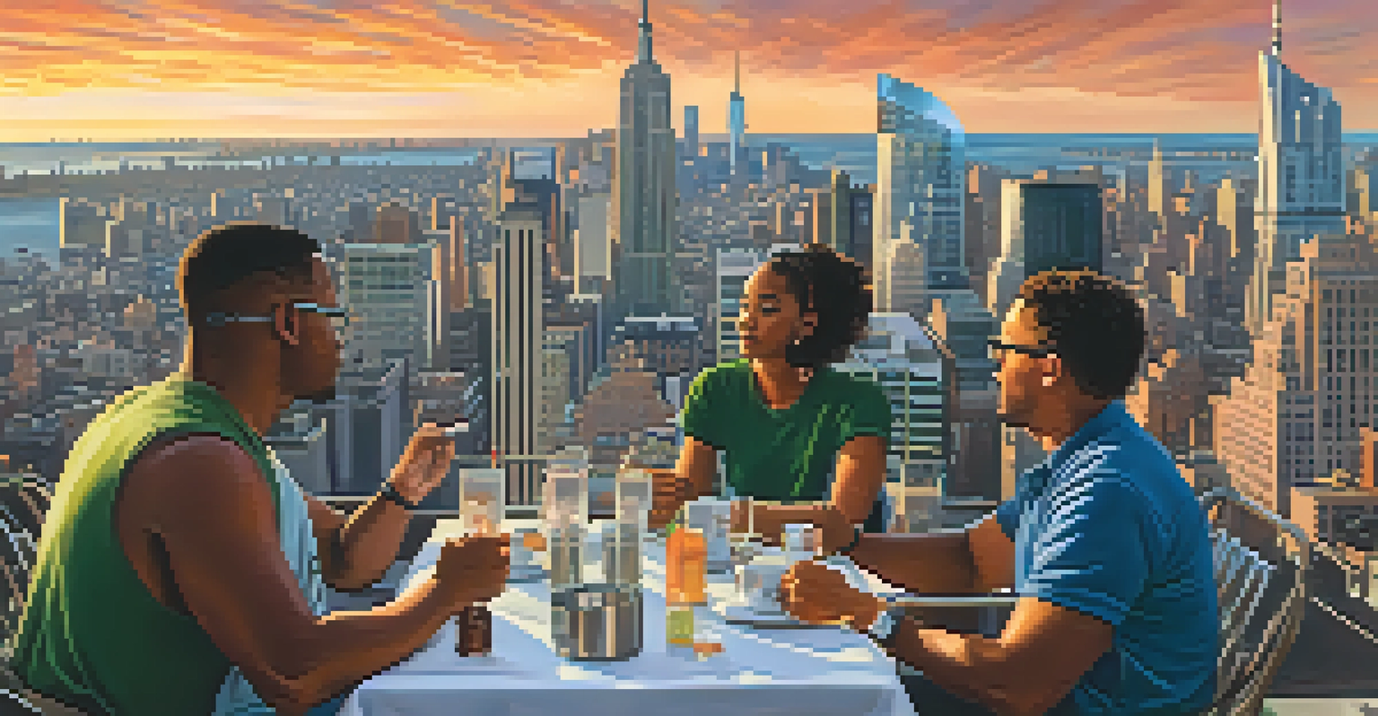 A sunset view of the New York City skyline with diverse entrepreneurs discussing ideas at a café.
