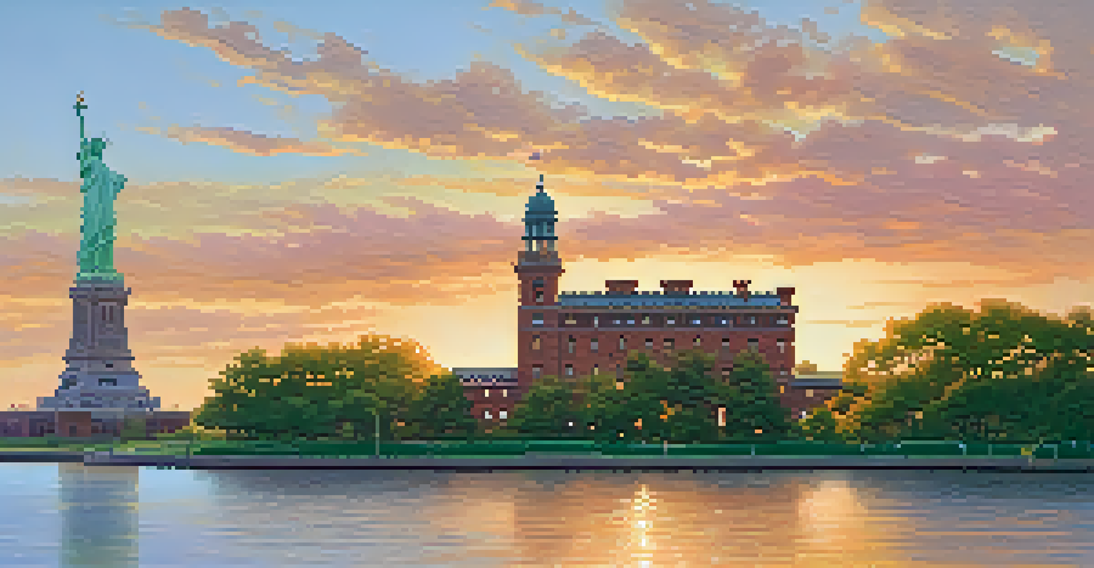 A landscape view of modern-day Ellis Island with restored buildings, greenery, and the Statue of Liberty during sunset, symbolizing hope.