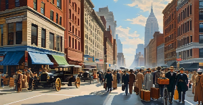 A historical street scene in New York City with diverse immigrants arriving, showcasing cultural storefronts and a bright skyline.