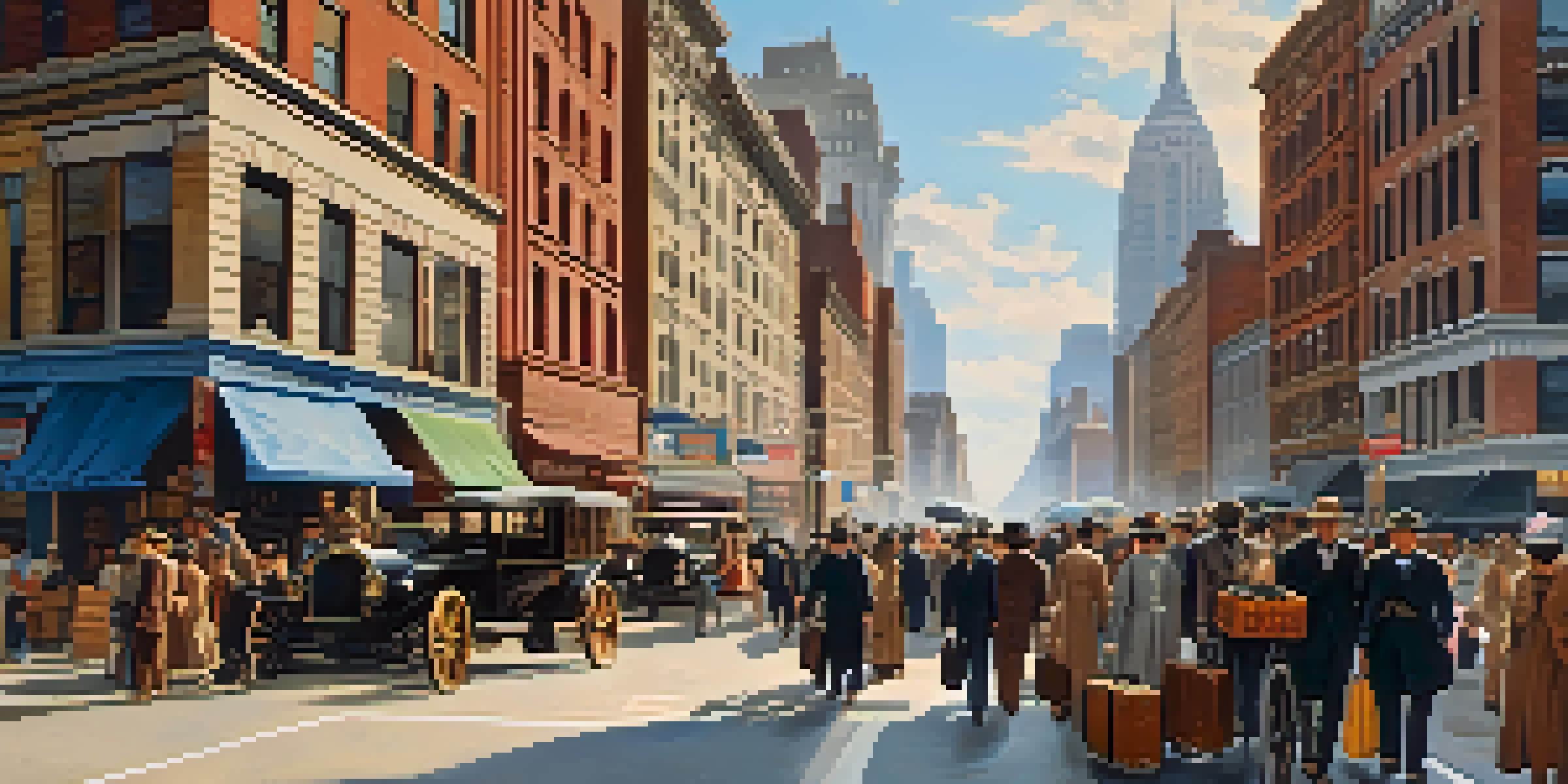 A historical street scene in New York City with diverse immigrants arriving, showcasing cultural storefronts and a bright skyline.