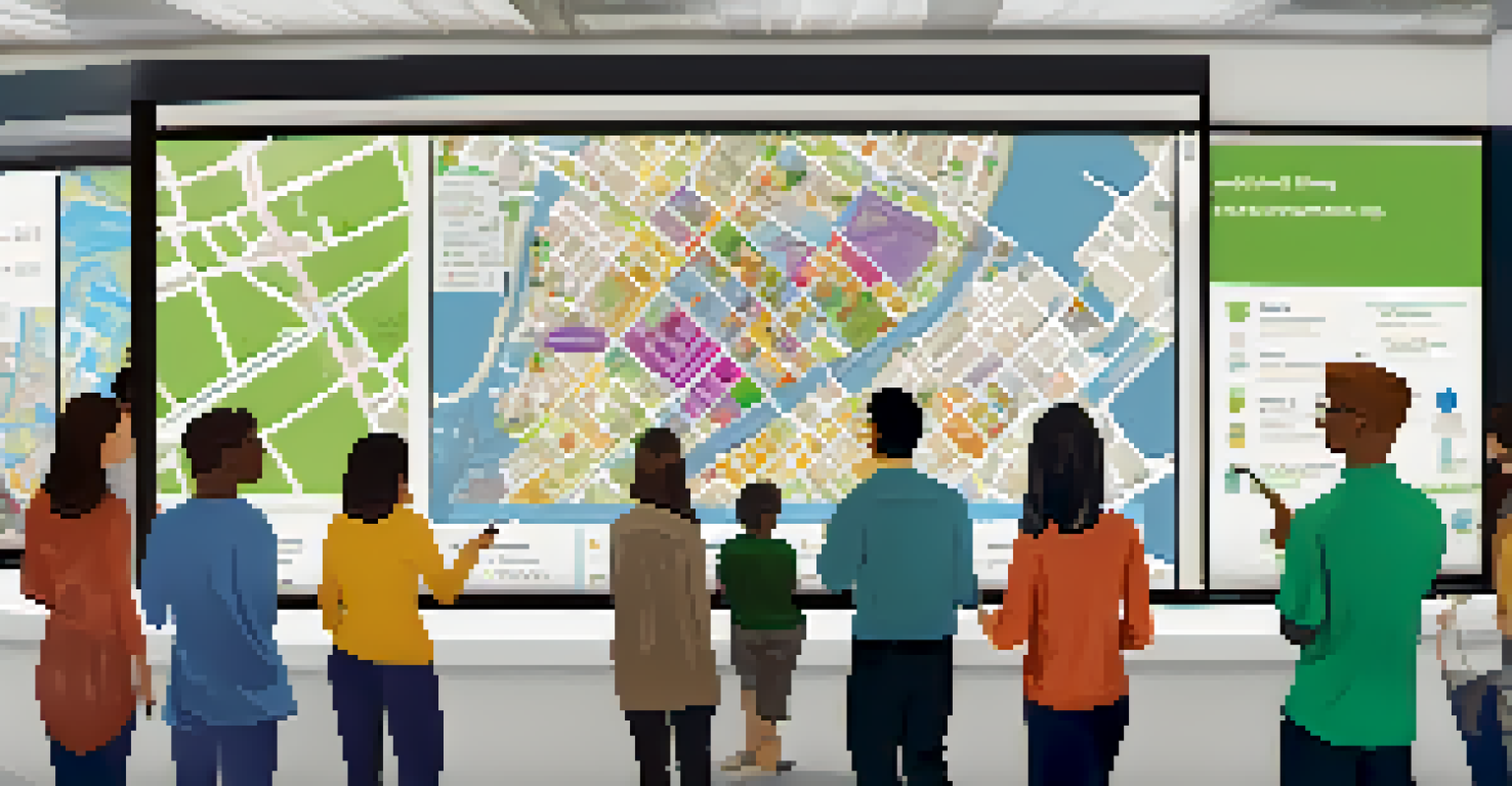 Community members gathered around a large screen displaying an interactive digital map of proposed urban developments, discussing changes together.