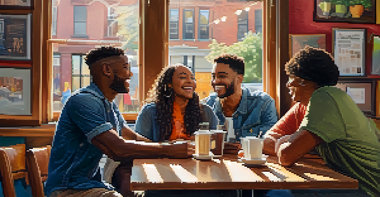 A warm and inviting café scene in Greenwich Village, with diverse friends enjoying each other's company and sharing stories.