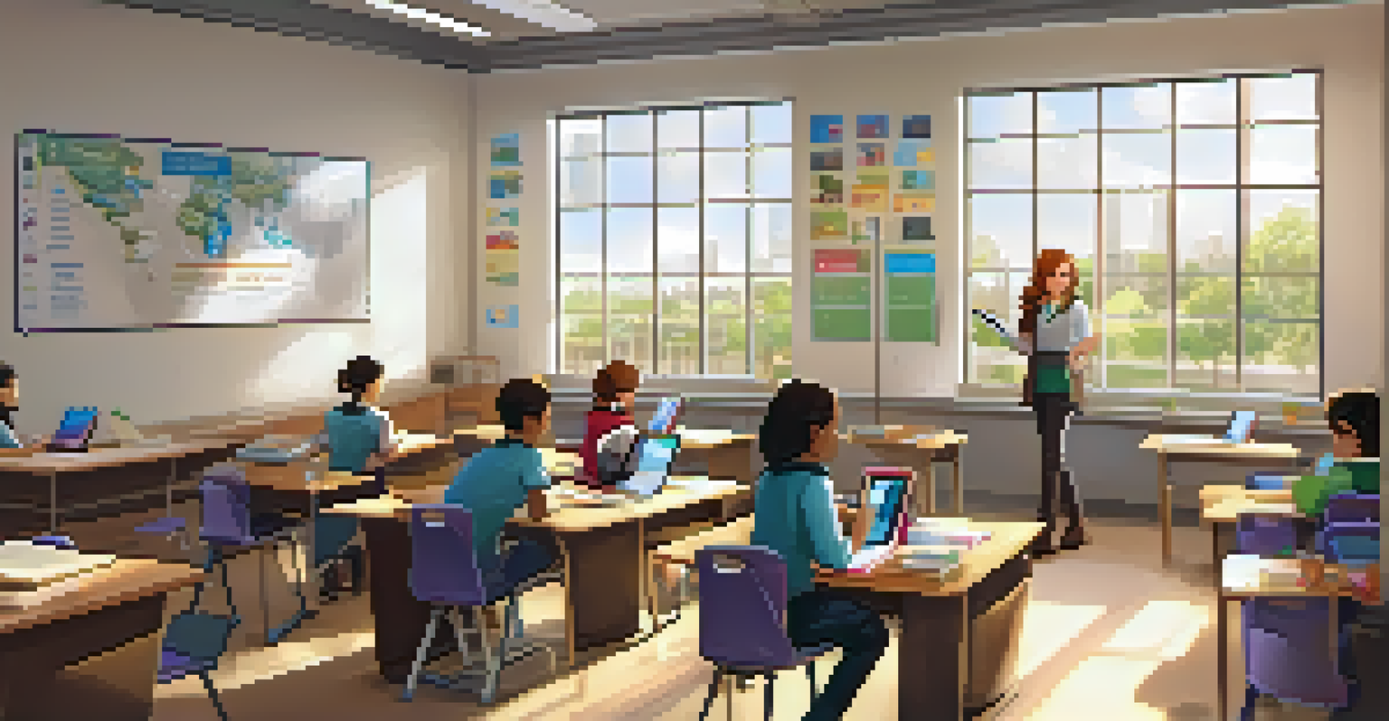 A modern classroom in a public school, with students using technology and a teacher assisting, all bathed in soft natural light.