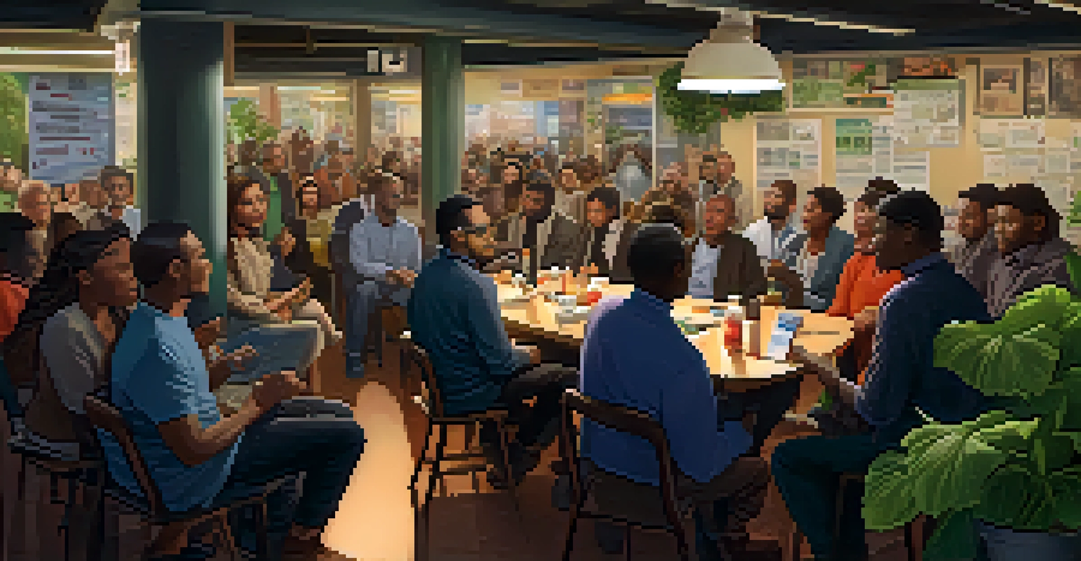 A community meeting with diverse individuals discussing subway improvements, surrounded by advocacy posters and plants in a warm room.