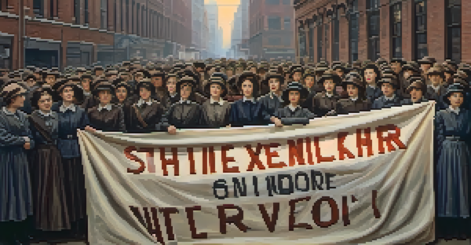 Female garment workers participating in the 1909 Shirtwaist Strike, showcasing their determination and unity for labor rights.