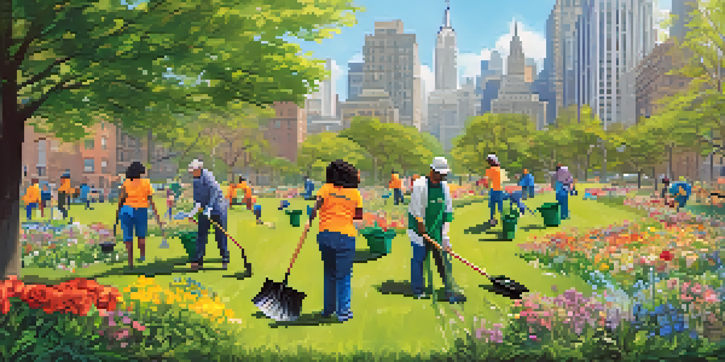 A diverse group of volunteers cleaning up a park in New York City, surrounded by green trees and colorful flowers on a sunny day.