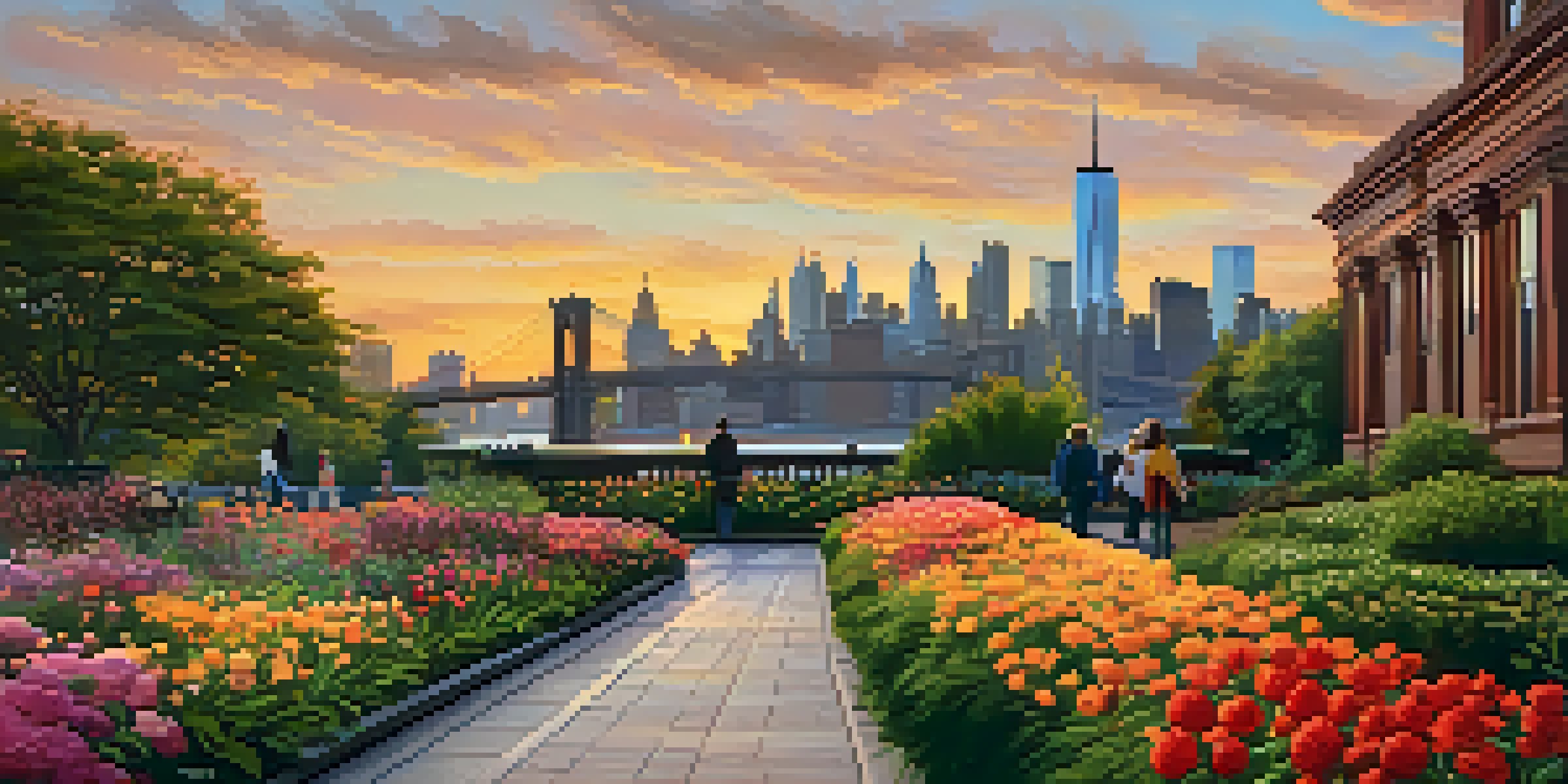 A picturesque sunset view from the Brooklyn Heights Promenade, with colorful skies and the Manhattan skyline in the background, and people walking along a beautiful pathway.