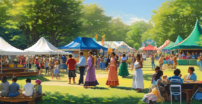 A lively community heritage festival in a park with colorful booths, families, and traditional dancers performing under warm sunlight.