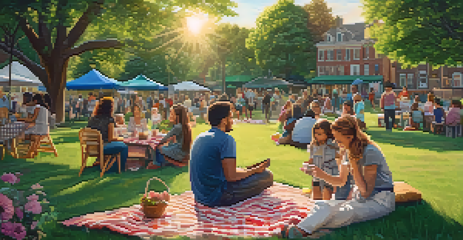 A community gathering in a park in Williamsburg with residents enjoying picnics, children playing, and local artists showcasing their work in warm lighting.