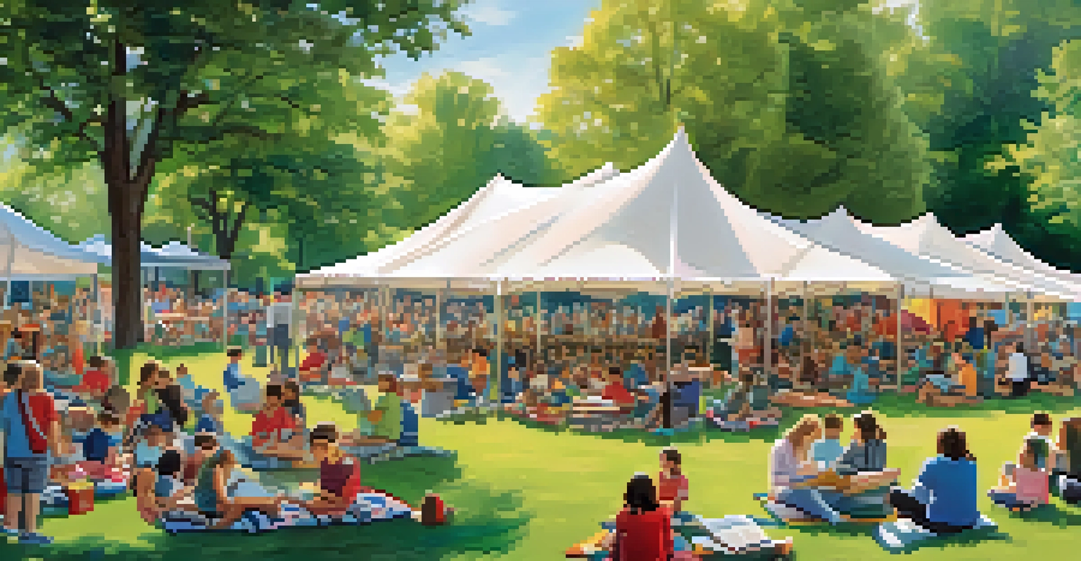 An outdoor literacy festival with tents, community members reading, and families enjoying story sessions in a park.
