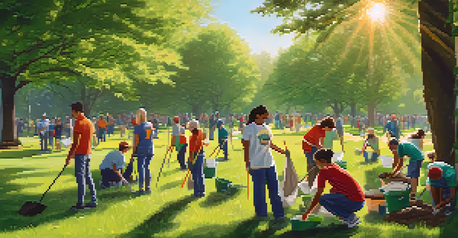 Volunteers of various ages cleaning up a park and planting trees, embodying community spirit and environmental stewardship.