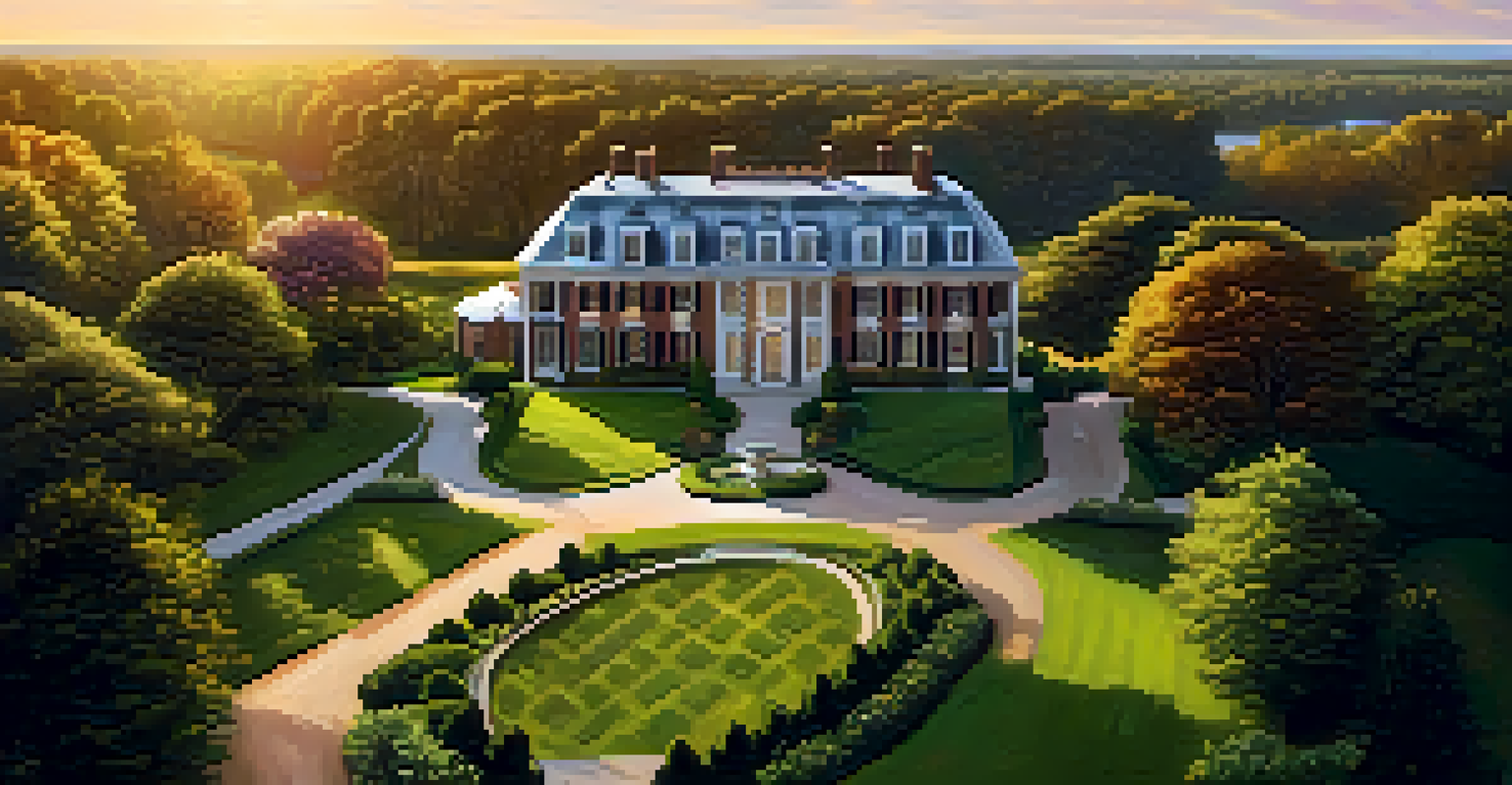 Aerial view of Mount Vernon estate with green fields and the Potomac River at sunset.