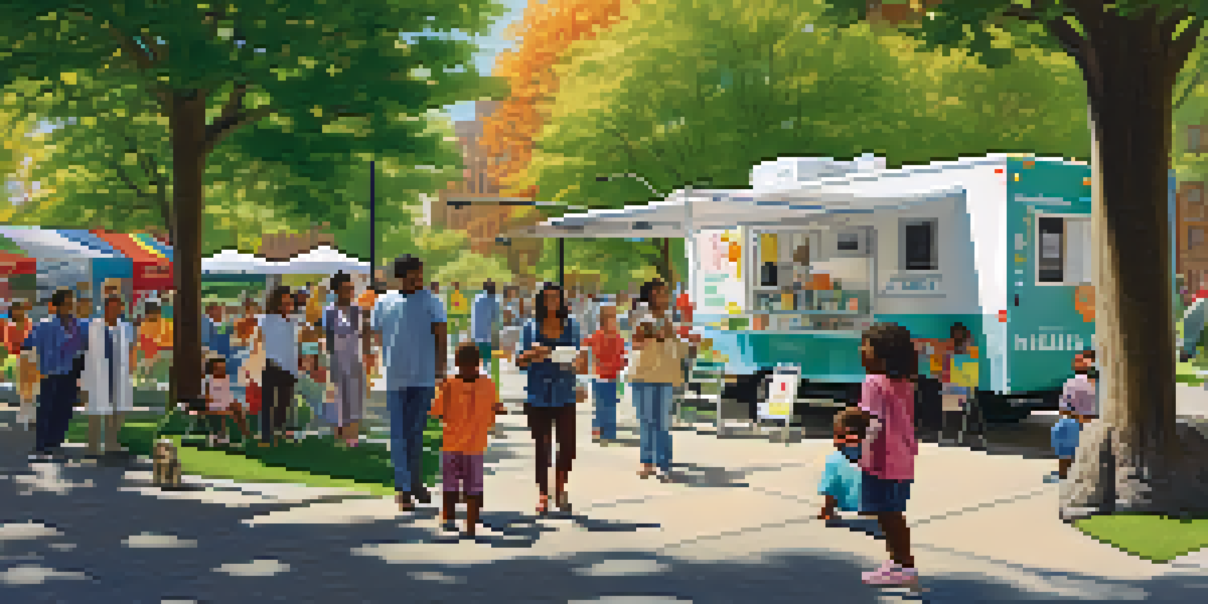 A diverse group of families participating in a community health initiative at a mobile health clinic in a park, with colorful banners and trees in the background.