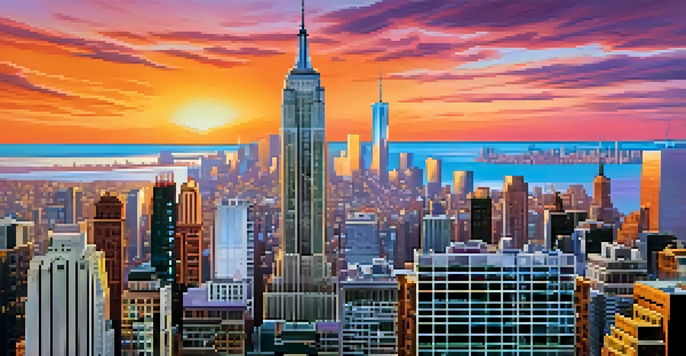A vibrant sunset over the New York City skyline, featuring iconic skyscrapers and a busy street.