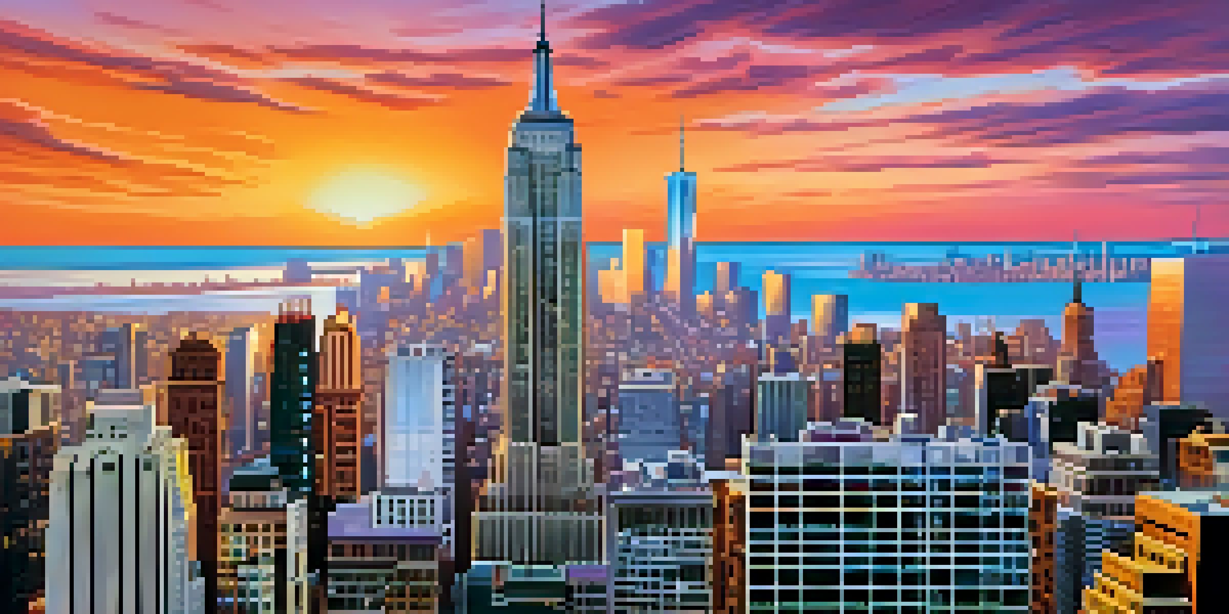A vibrant sunset over the New York City skyline, featuring iconic skyscrapers and a busy street.