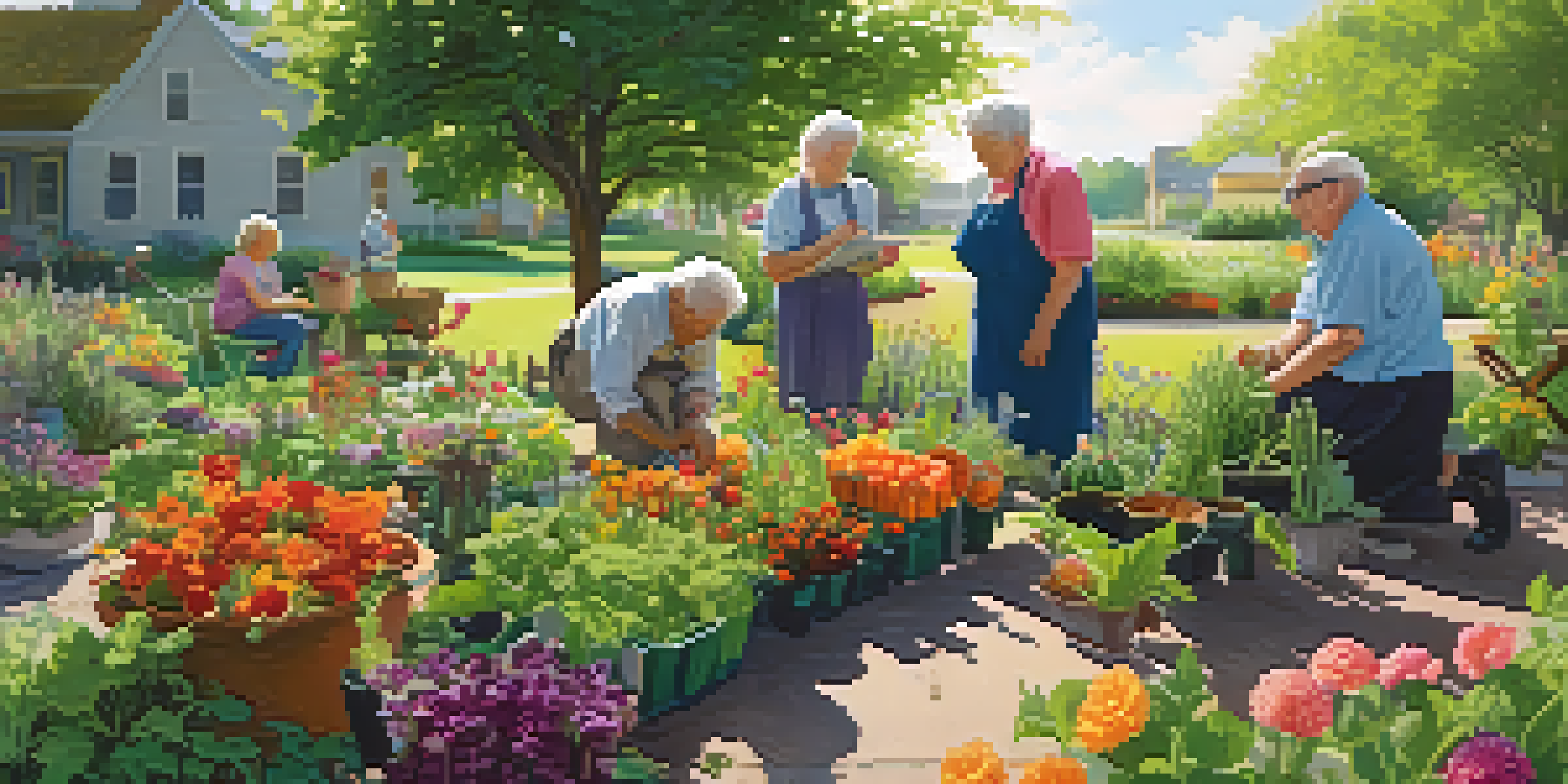 Seniors working together in a community garden, planting flowers and vegetables under sunlight with butterflies around.
