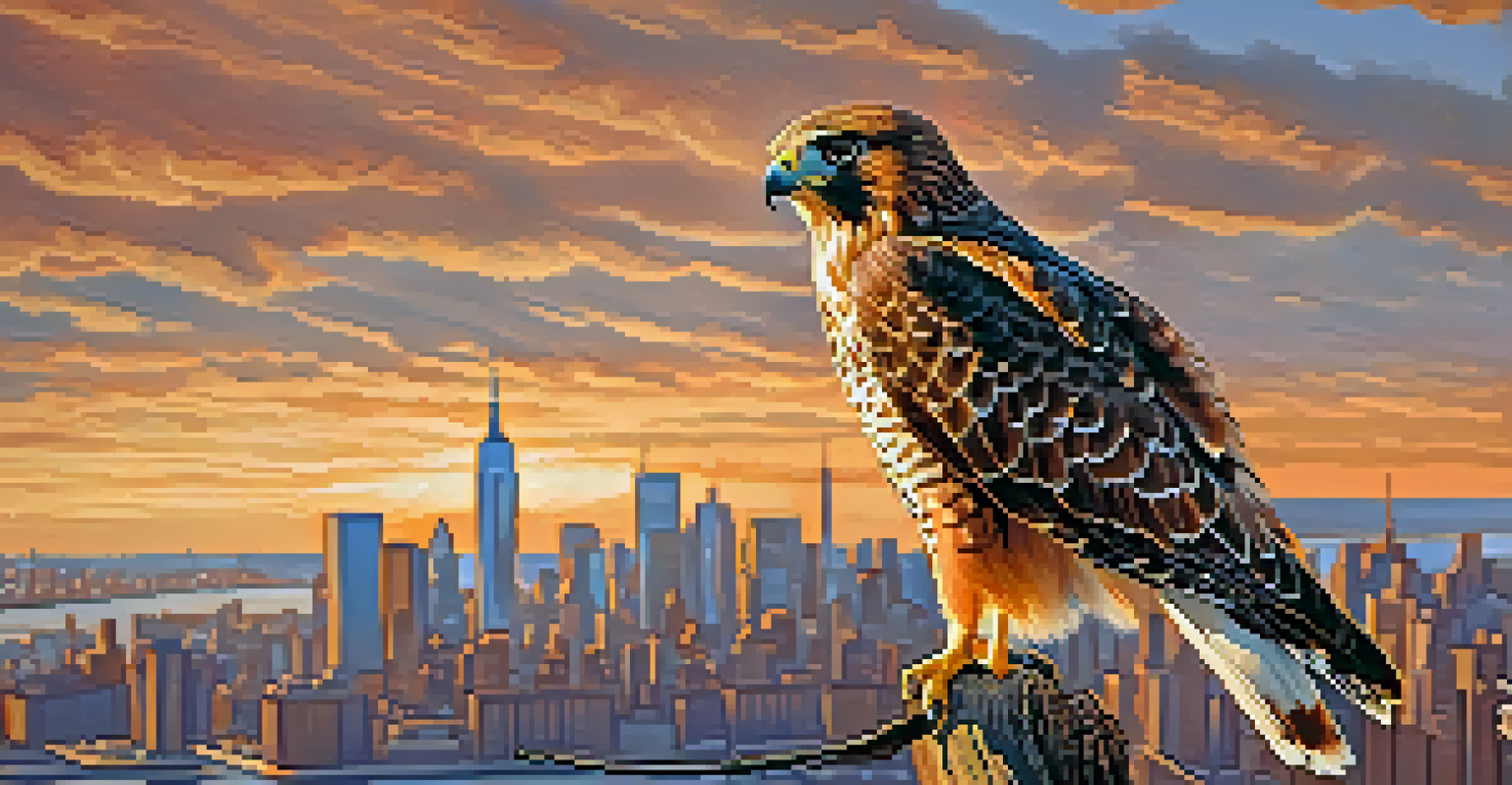 A red-tailed hawk perched on a branch with the NYC skyline in the background, capturing the beauty of urban wildlife.