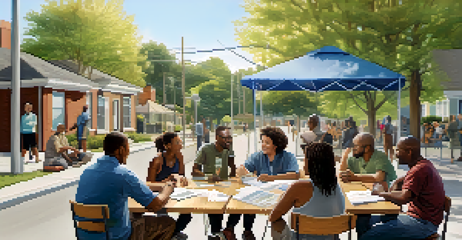 A diverse group of community residents and developers engaged in a meeting outdoors to discuss affordable housing plans.
