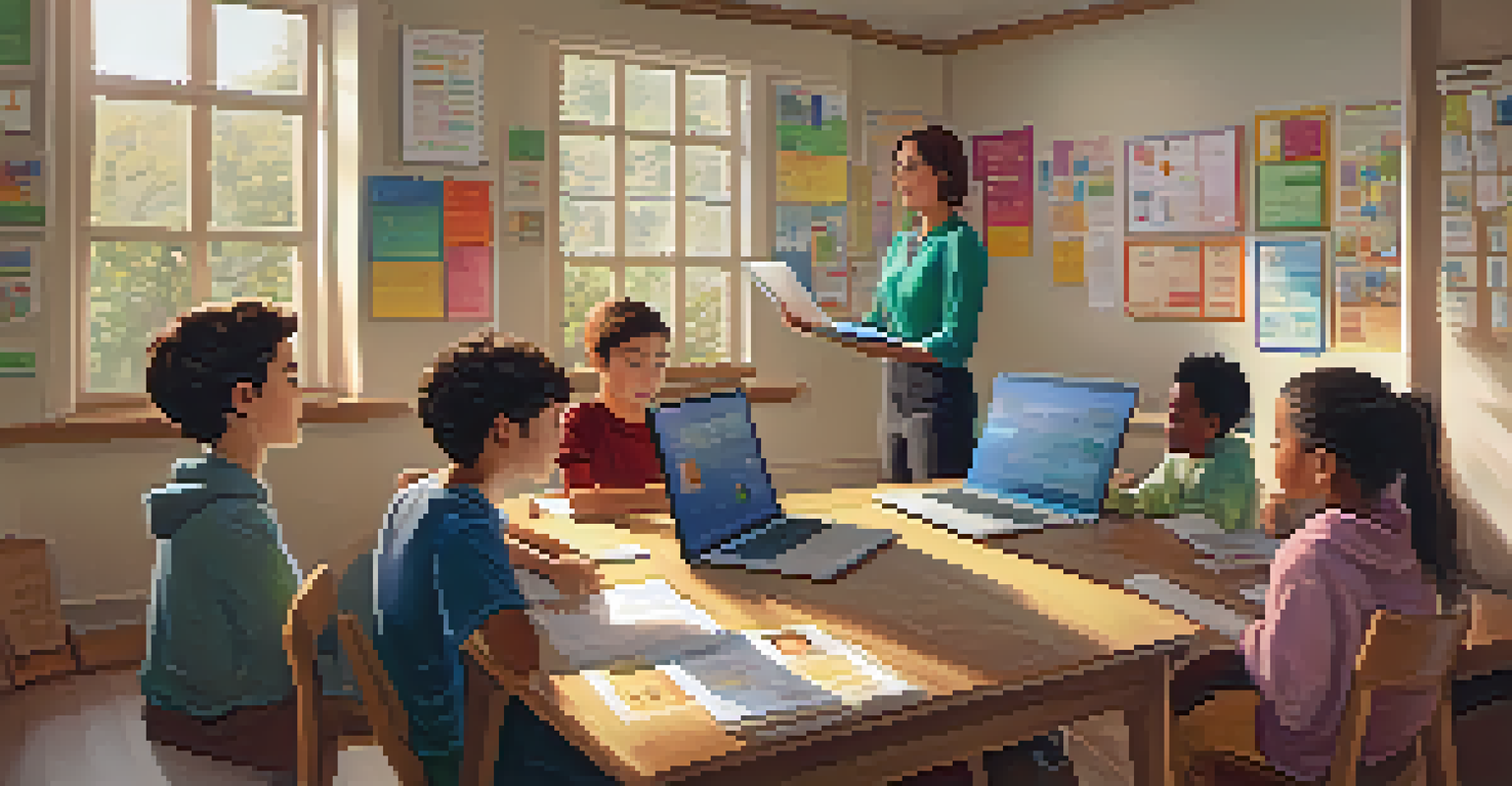 A classroom during remote learning, with a teacher on a laptop screen and students in their homes, surrounded by educational materials and soft lighting.