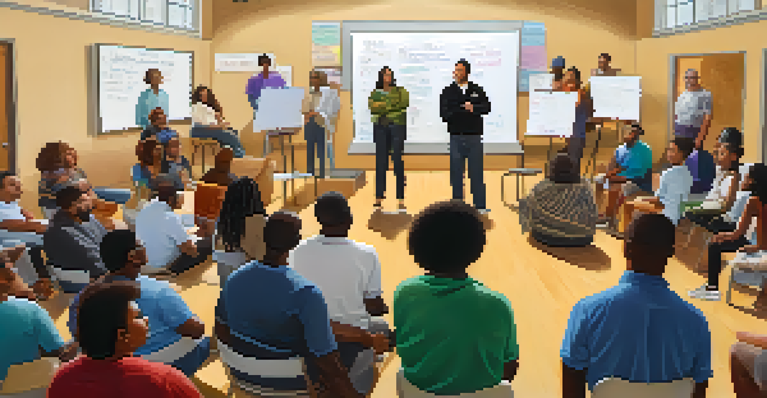 A diverse group of residents in a community meeting discussing local issues, with a warm and inviting atmosphere.