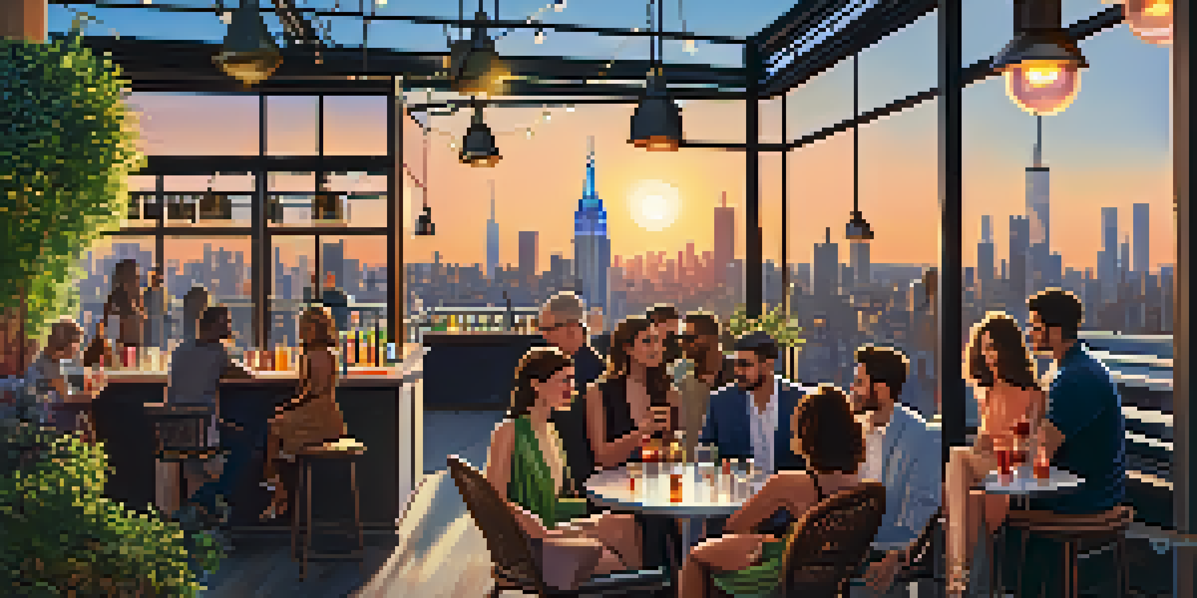 A lively rooftop bar in New York City at sunset, with colorful seating and a view of the Empire State Building.