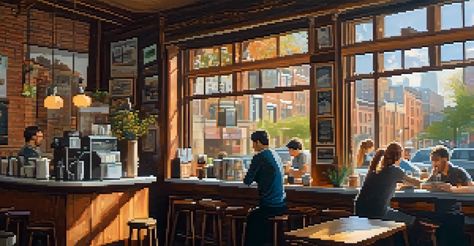 A warm and inviting coffee shop in New York City with wooden furniture, sunlight streaming through windows, and a barista making pour-over coffee while friends chat.